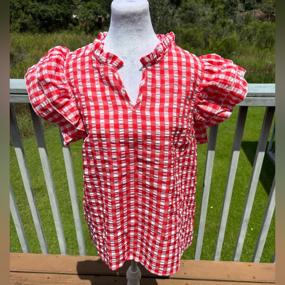 Red White Gingham Checked Blouse Women’s Size XL